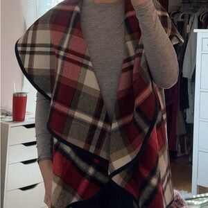 Altar'd State Red Plaid Open Front Poncho Vest